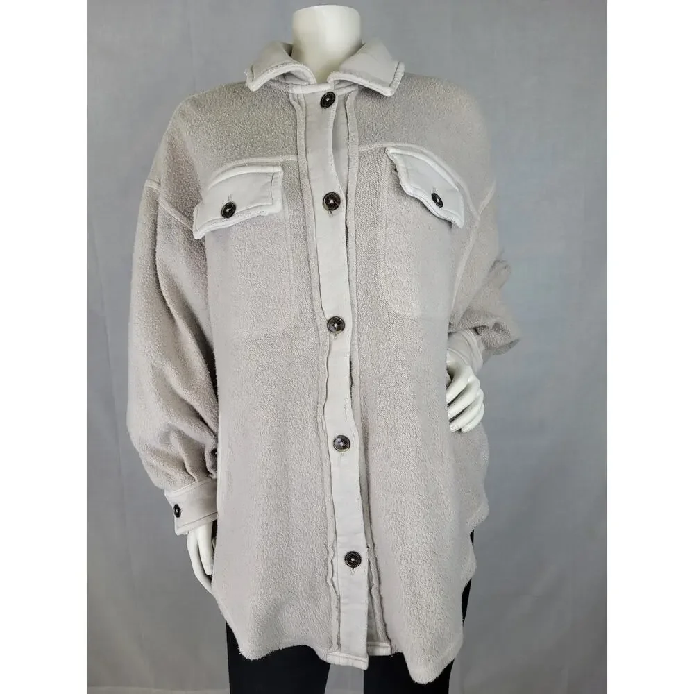 Free People Ruby Jacket Oversized Fleece Button-Down Shacket in Stone Sz XS NWT